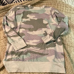 Purple, grey, cream, and aqua camo sweatshirt.